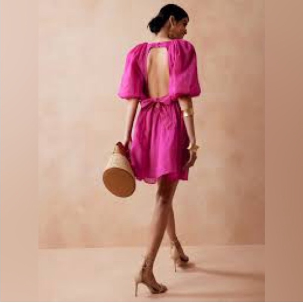 Banana Republic Pink Puff Sleeve Open Back Mini Dress Ramie Size M NWT - Picture 2 of 15